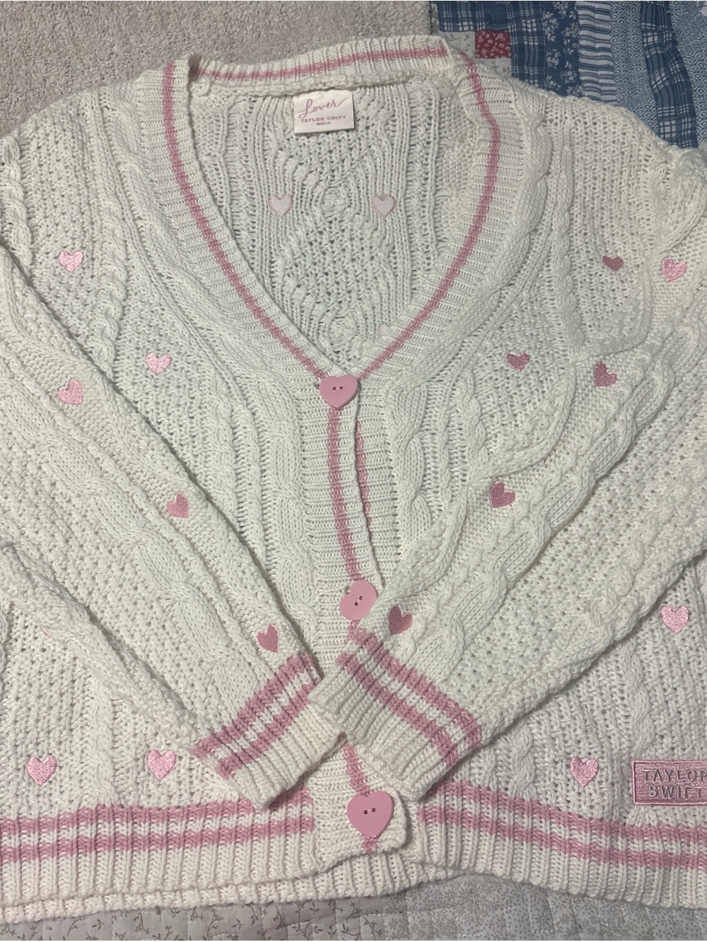 Taylor Swift Cream & Pink Heart Cable Cardigan